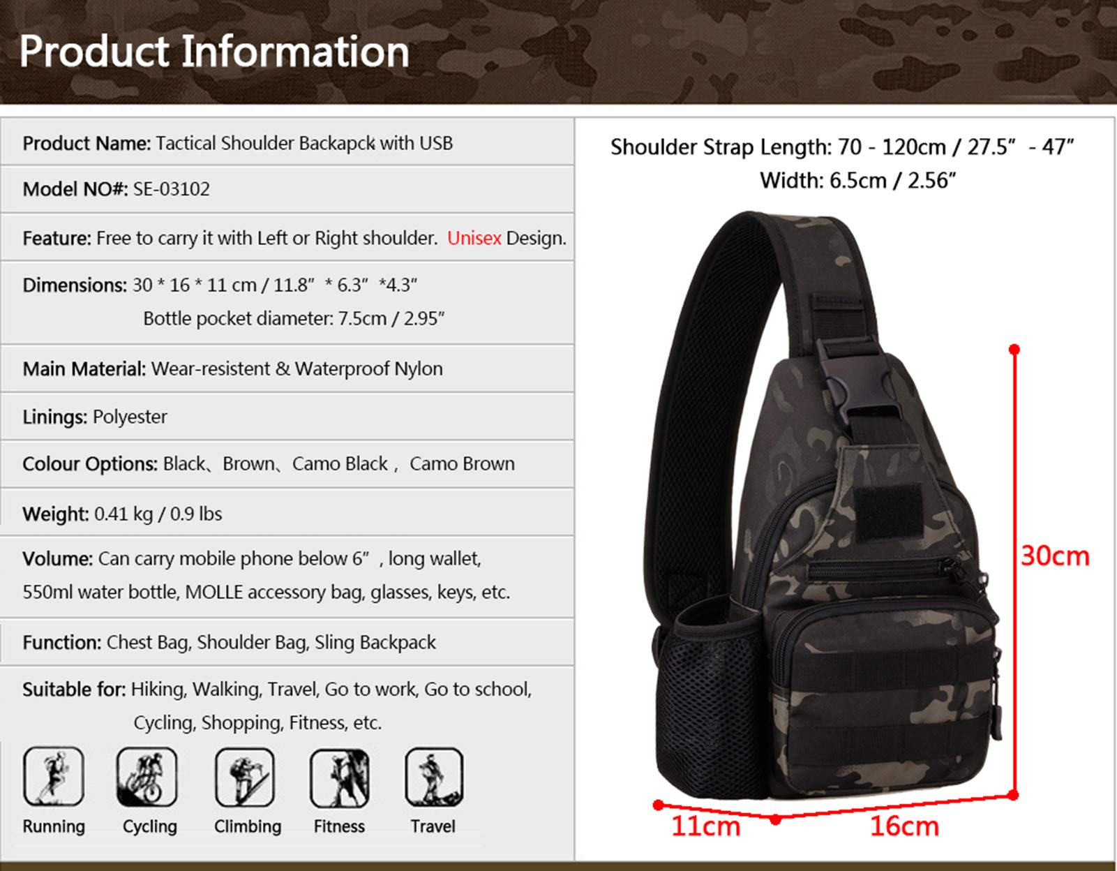 Tactical Military Chest Sling Bag Water Resistant MOLLE Shoulder Backpack Mens One Strap Daypack with Water Bottle Holder