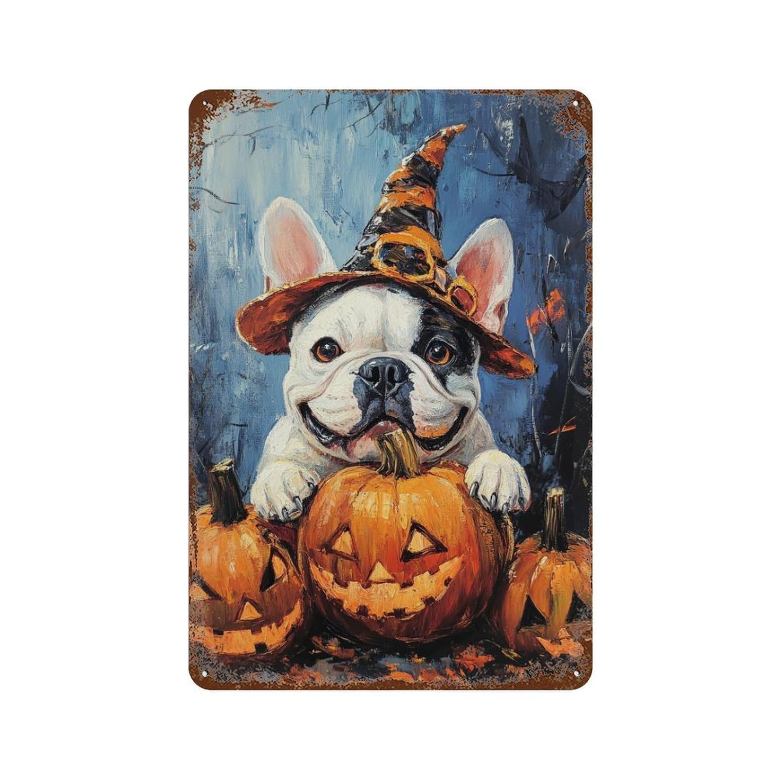 Rust Effect Halloween Pumpkin Dog Art Print Rustic Tin Plaque 11.8"x7.9", Shabby Chic Decor for Basement, Hobby Room And Garage Decor