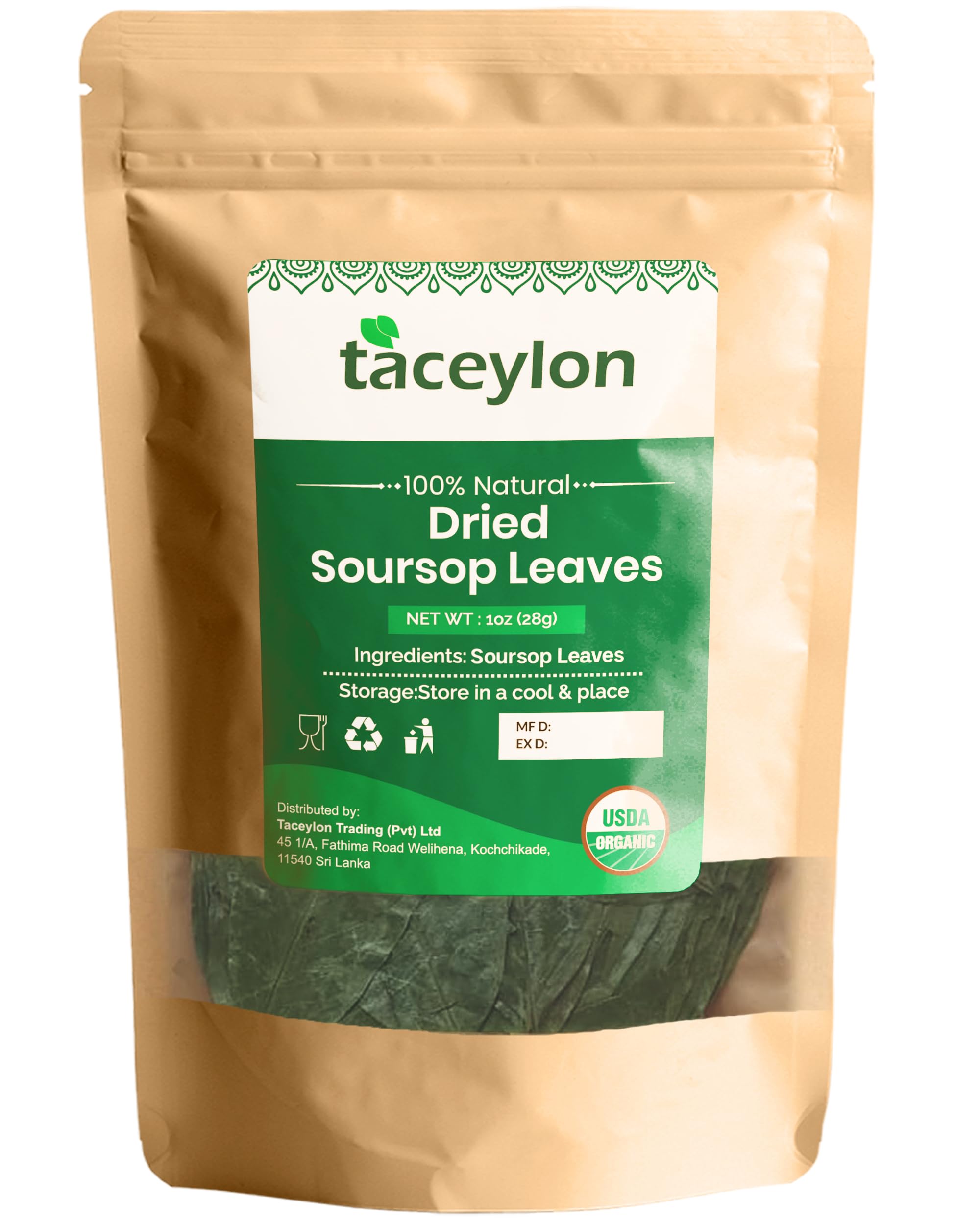 taceylon Naturally grown dried soursop leaves whole1oz(28g)