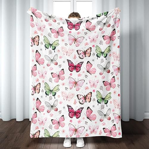 Manta de mariposa rosa, súper suave y cálida, manta de franela ligera y acogedora con flores para cama, sofá o oficina, regalo para niñas y mujeres,