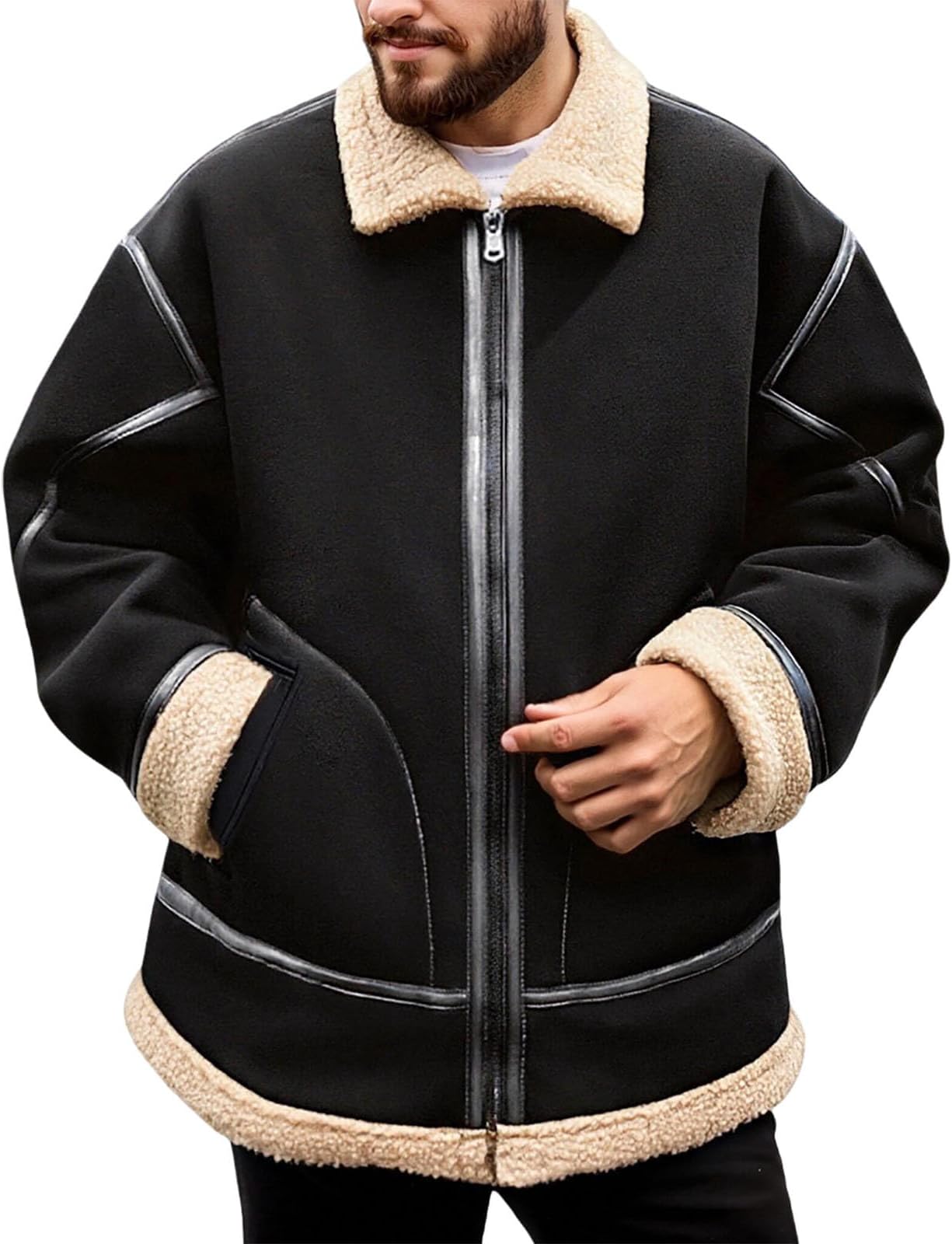 Windproof Outdoor Jacket Men's Lined Winter Jacket Vintage Notch Collar Bomber Jacket Winter Fleece Warm Winter Coat Western Style Plush Jacket Casual Transition Jacket Winter Parka