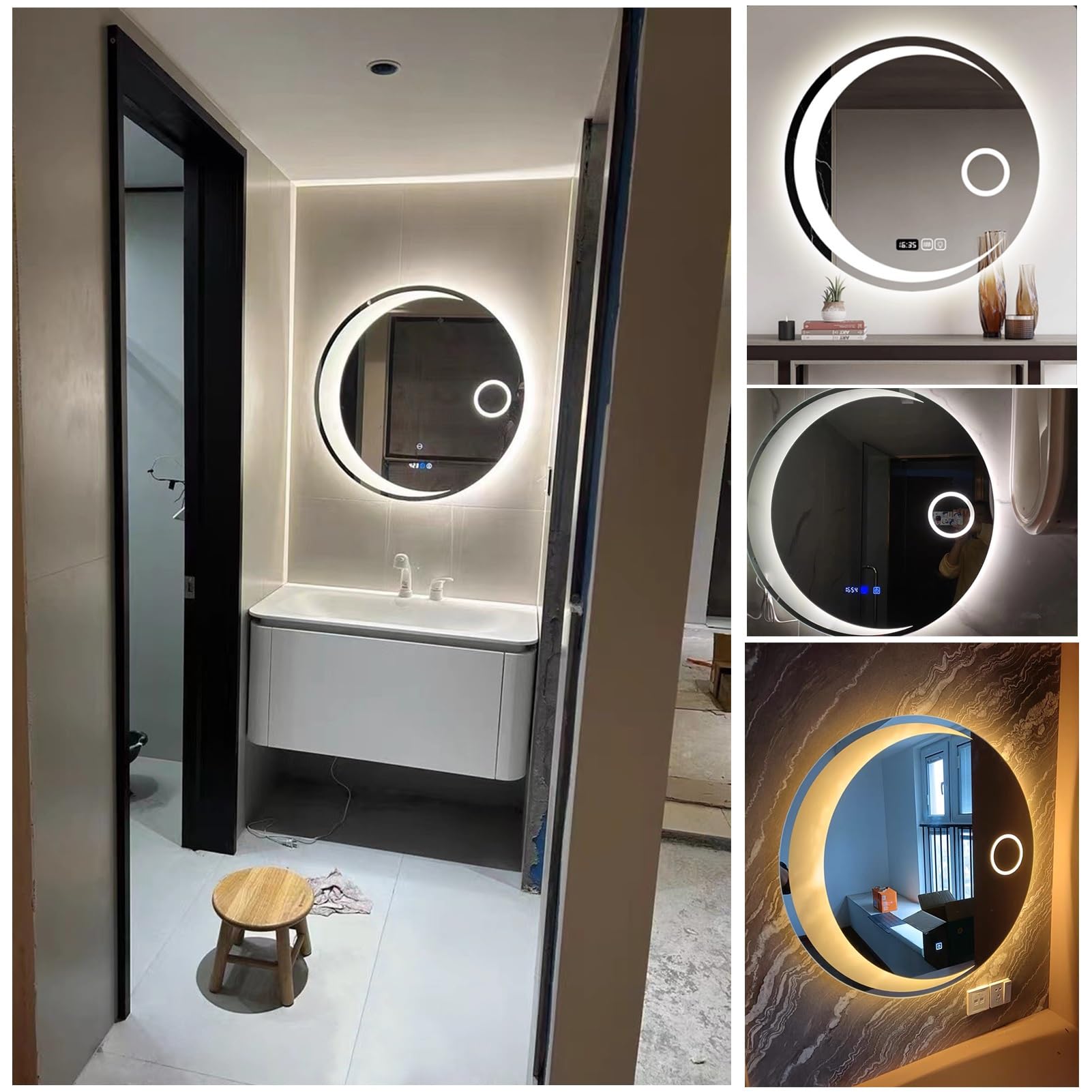 Specchio Espejo de baño redondo con luz LED, espejo cosmético de aumento sin marco, regulable infinitamente, un solo toque, 3 colores de luz, botón táctil doble: perfecto para maquillaje y cuidad