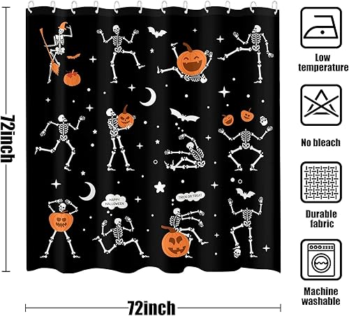 Miniatura 7 de Cortina de ducha de calavera de Halloween para baño, divertida danza de esqueleto gótico en blanco y negro, cortinas de ducha de tela impermeable,