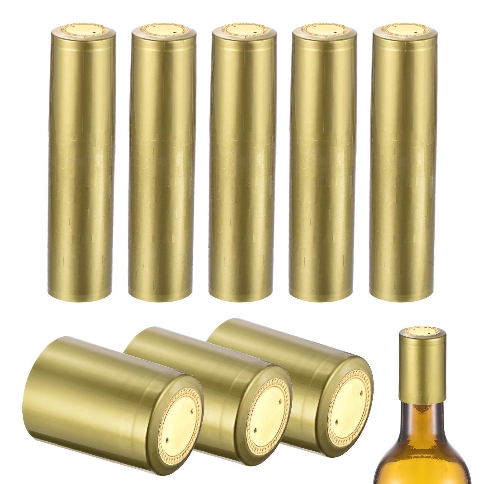 sourcing map 150Pcs PVC Heat Shrink Capsules, 32mm x 45mm Wine Bottle Capsules Shrink Wrap Sleeves Bottle Corks Caps for Wine Making Cellars and Home Kitchen, Gold/Gold
