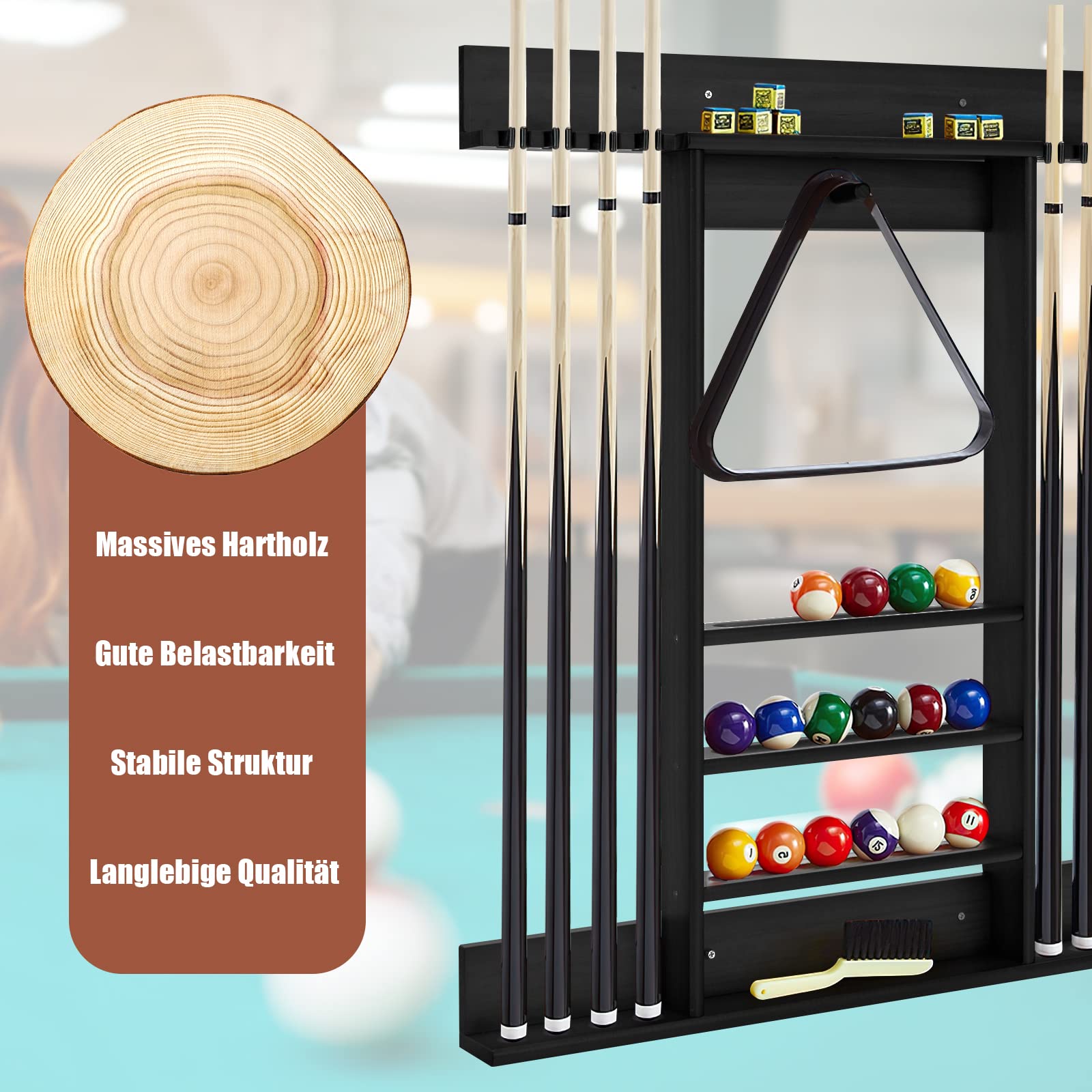 GYMAX Billard Queue Halter für 8 Queues & Billardzubehör, Wandmontierter Queueständer, Billard Queue Halterung aus Kiefernholz, für Billardzimmer & Club, 79 x 8 x 91 cm (Schwarz)