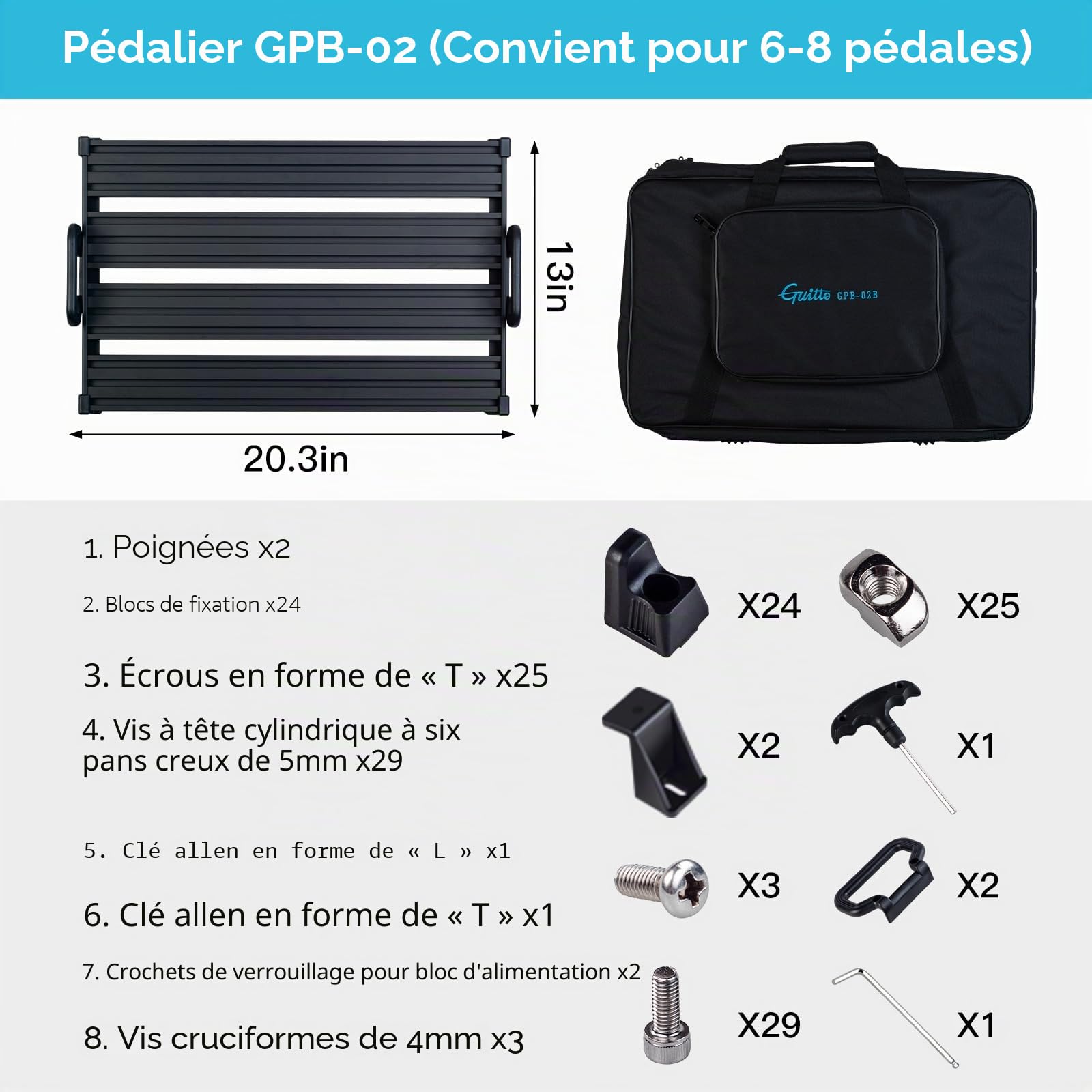 GUITTO Pedalboard pour Guitare en Alliage d'Aluminium – Support de Pédales d'Effets avec Système de Fixation par Clips et Sac de Transport – Idéal pour Concerts, Répétitions et Studio GPB-02
