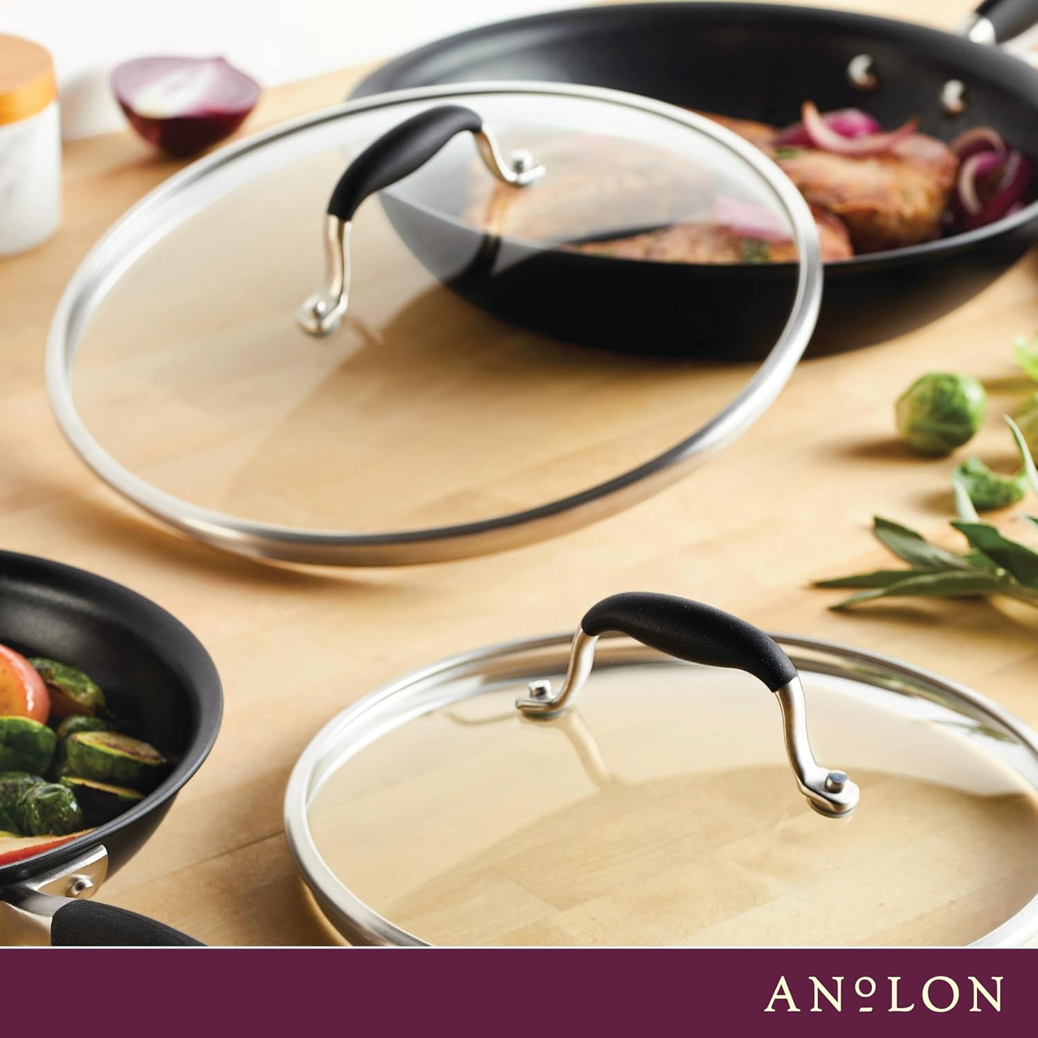 Anolon Advanced Home Glass Lids, Stainless Steel and Silicone Handles, 2 Piece, 10 Inch and 12 Inch Lid Set, Onyx