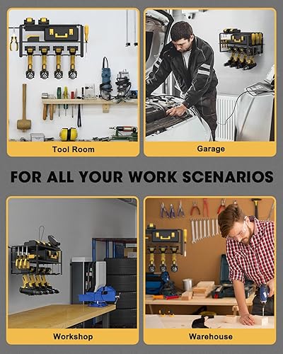 Miniatura 5 de Organizador de herramientas eléctricas de montaje en pared y estación de carga, 6 salidas de CA, 3 capas para taladros, ideal como estante de