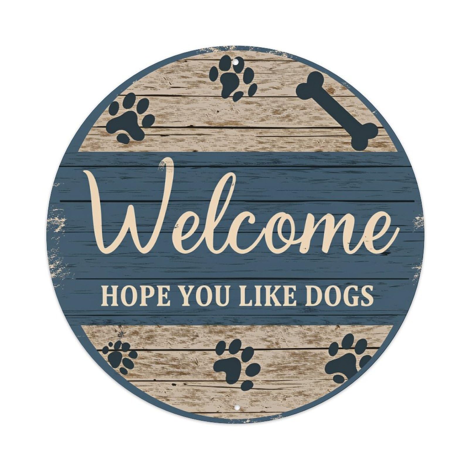 Iageret Vintage Plank Paw Prints Bone Design Round Metal Tin Sign Wall Decor, Bar Garage Cafe Kitchen Home Wall Art Poster 8X8inches