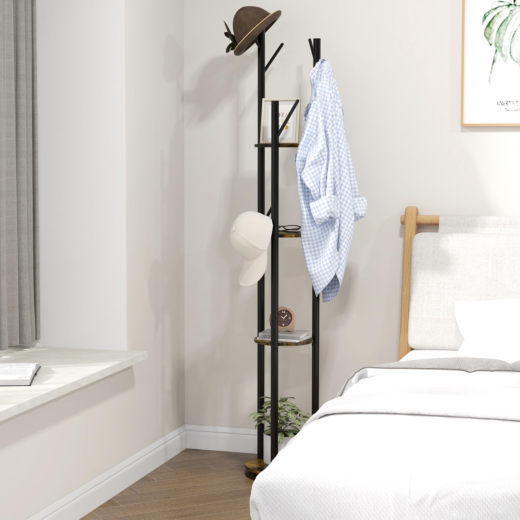 HOMCOM Appendiabiti da Terra Girevole con 8 Ganci e 4 Mensole, Attaccapanni Stile Industriale per Ingresso e Camera, Ø30x175cm, Marrone