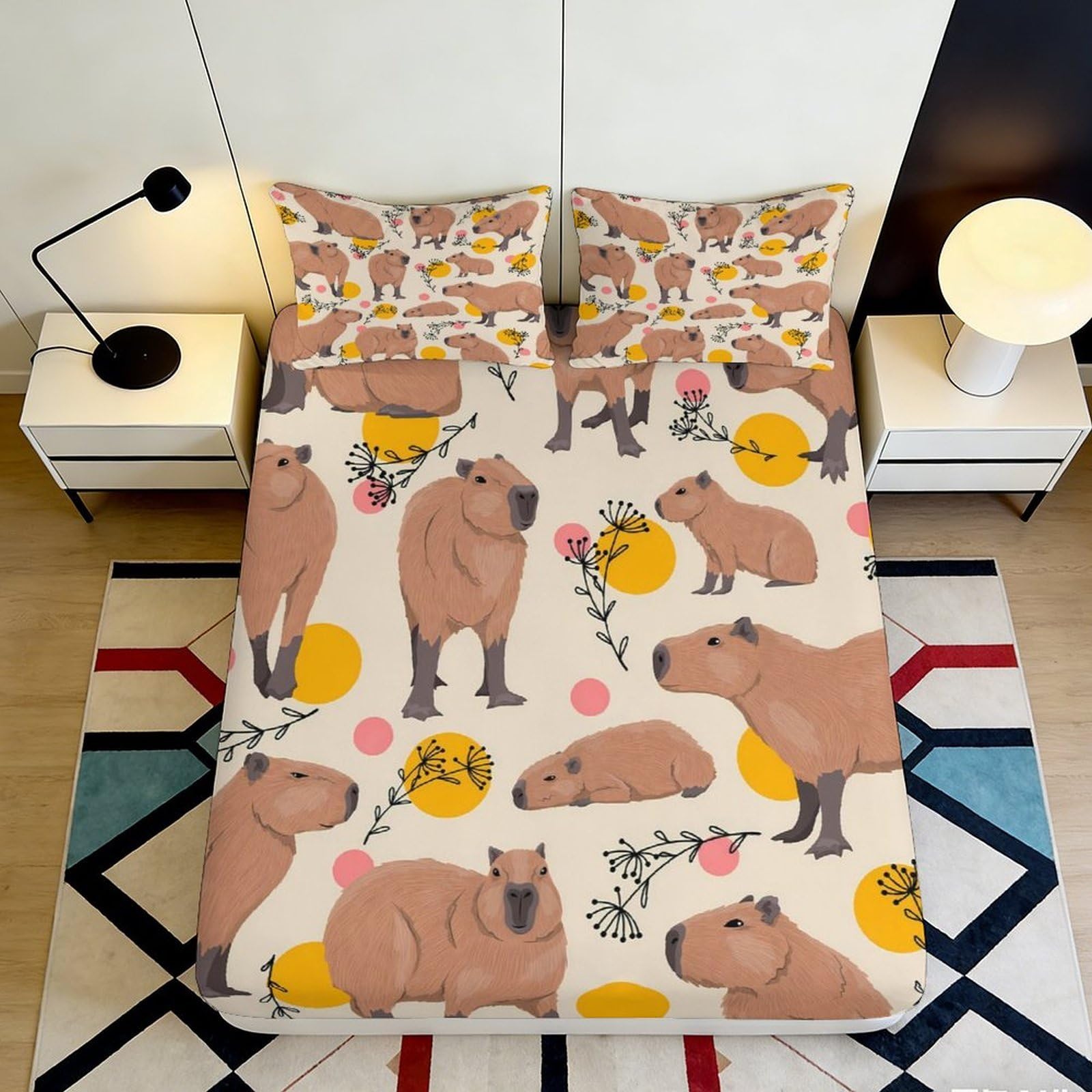 3D Printed Capybara Pattern Fitted Sheet Microfiber Soft Durable Animal Print Bed Cover with Mattress Protection for Bedroom Dormitory Guest Room 180x200x25cm