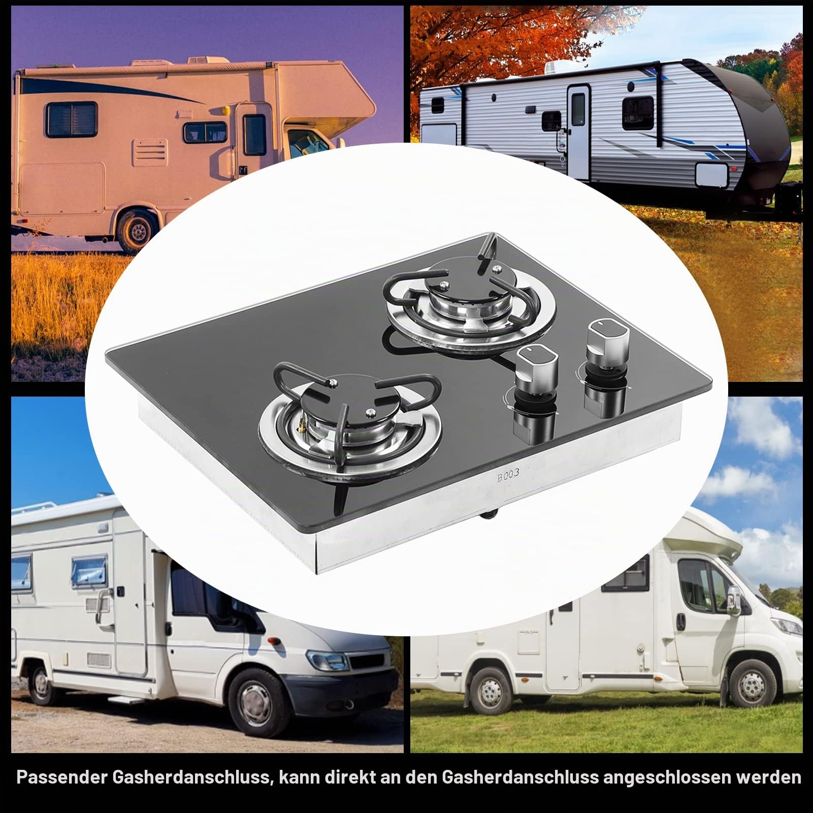 Wohnmobil-Gasherd, 2 Brenner, Gaskochfeld, Kochutensilien für den Außenbereich, 1,8 kW Leistung, gehärtete Glasscheibe für Boot, Wohnwagen, Wohnmobil