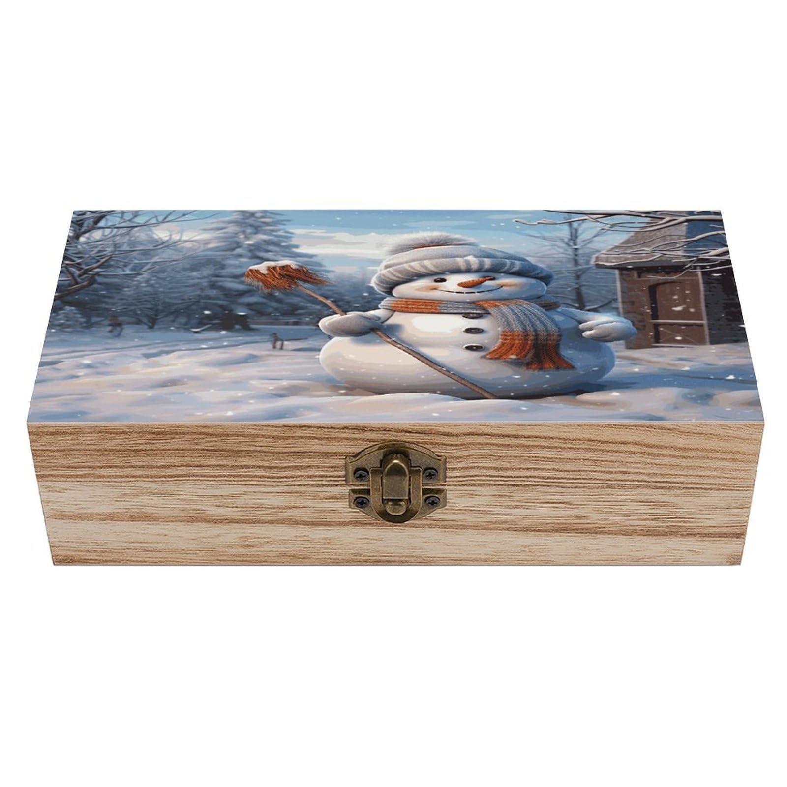 Btcowzrv Style Hardworking Snowman Wooden Storage Box, Keepsake Box With Hinged And Retro Lock, Wood Jewelry Organizer For Photos & Mementos And Home Decor