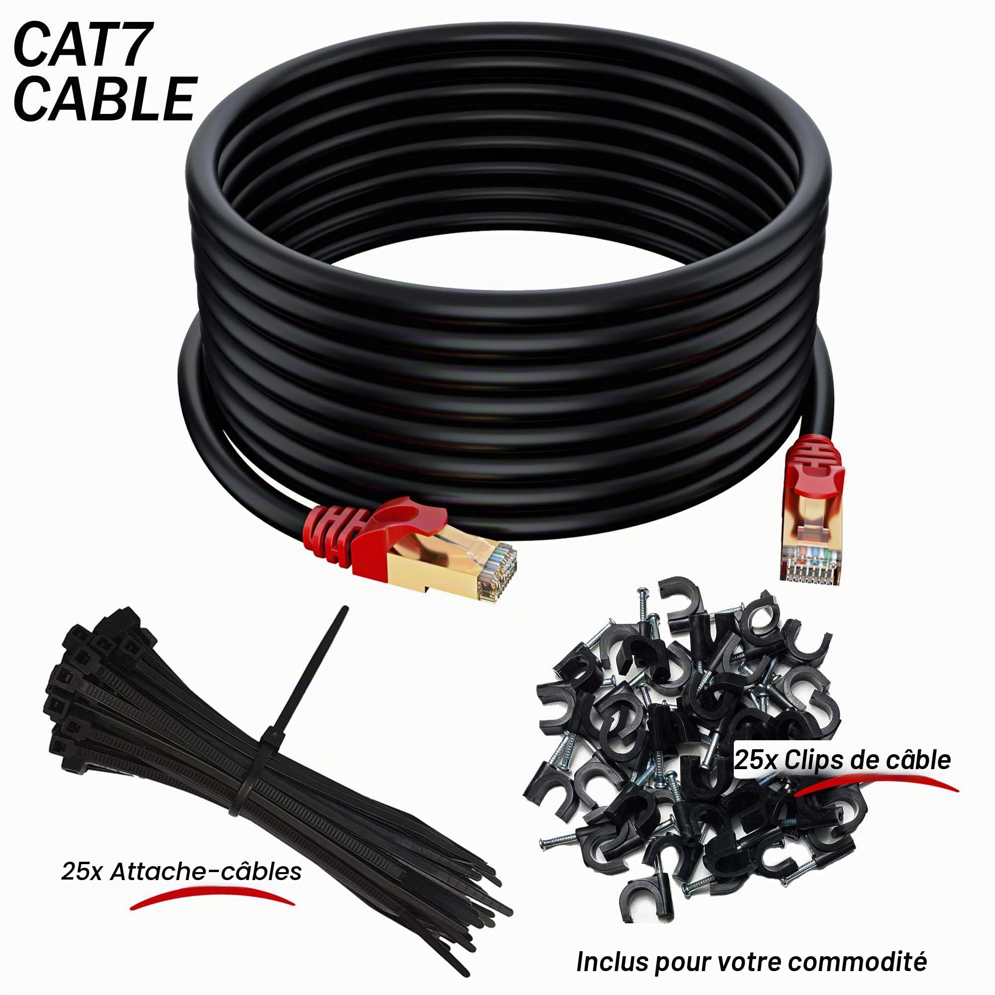 MutecPower 75m CAT7 Câble réseau Ethernet RJ45 - application exterieur, imperméable - SSTP - 600 Mhz - Noir 75 mètres avec attaches et pinces