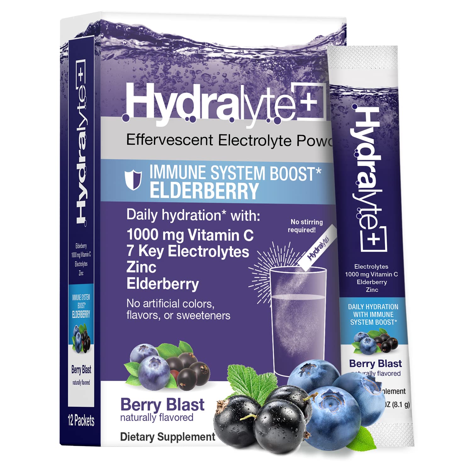 HydralyteElectrolyte Hydration Powder Packets Lightly Sparkling Instant Dissolve All Natural Berry Blast,12 ct