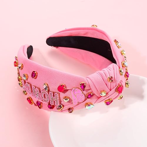 Miniatura 4 de Diadema occidental YEEHAW con diamantes de imitación de cristal, diadema de cuentas rosa intenso, diadema de nudo ancho adornado, diadema de vaquera