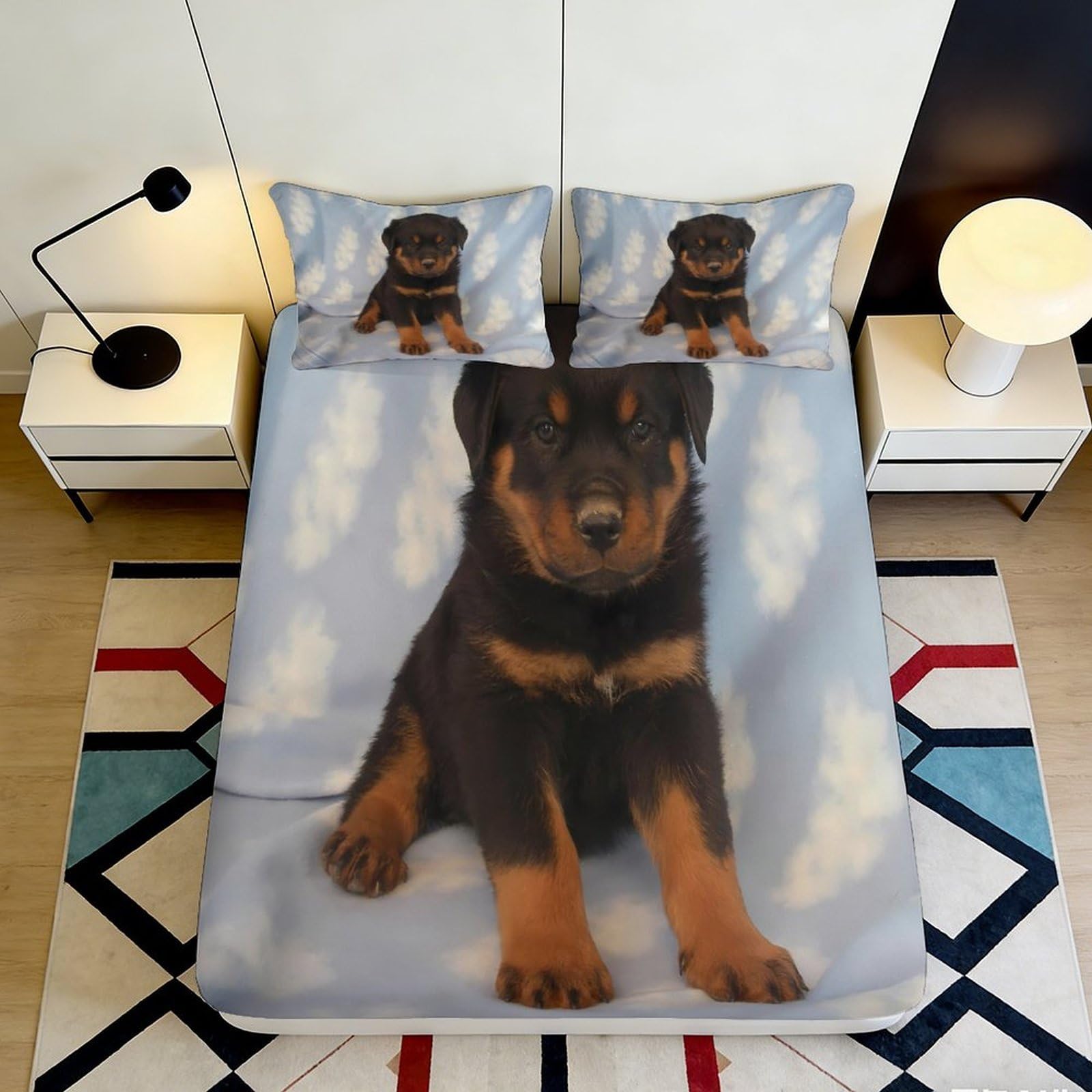 Uxinyoume Style-2 3D Printed Rottweiler Puppy Fitted Sheet Microfiber Soft Blue Sky Bed Cover For Bedroom Dorm Mattress Decor 90X200x25cm