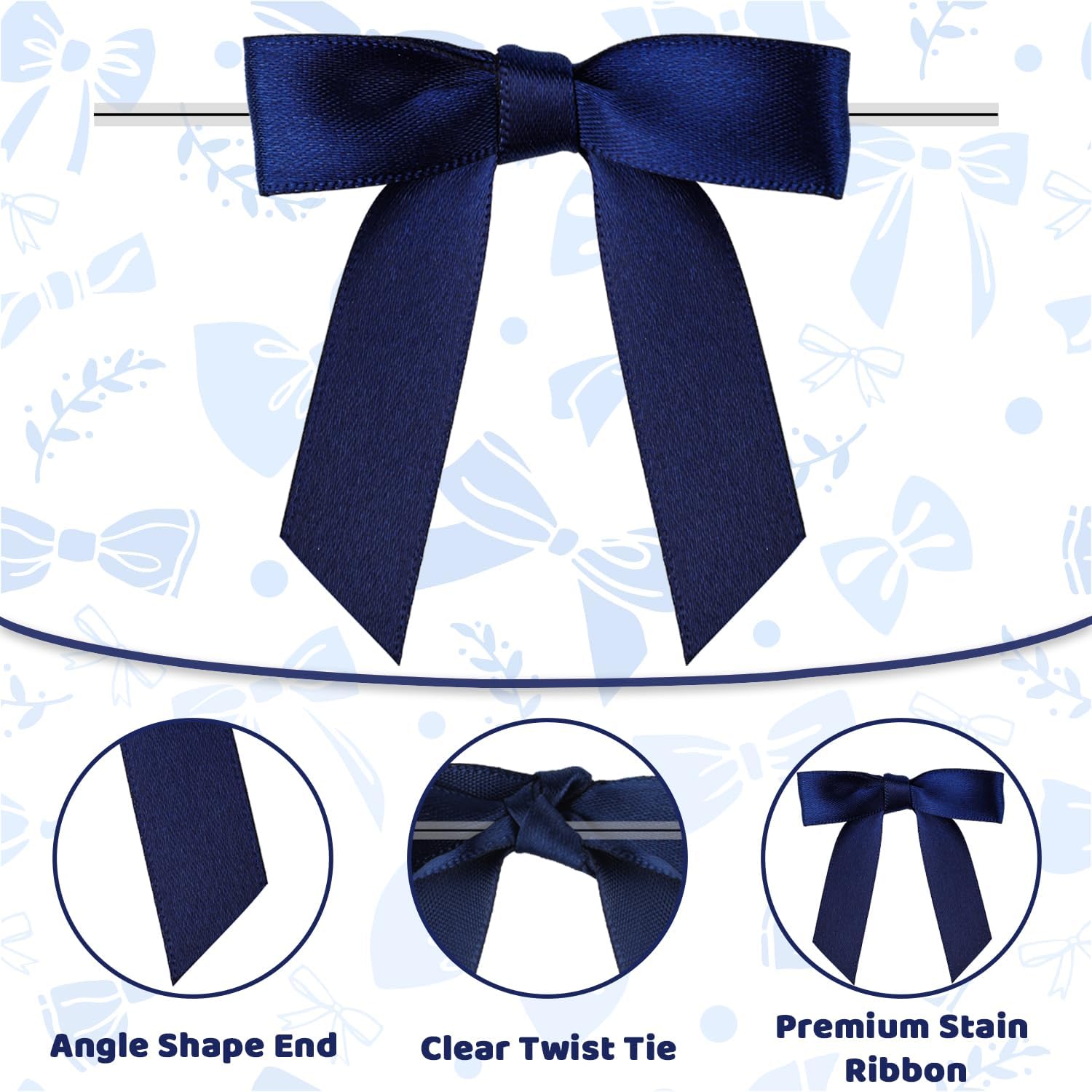 60 Pack Twist Tie Bows for Treat Bags, 2.76" Navy Blue Satin Ribbon Bows Premade Craft Bows for Christmas Craft Gift Wrapping Birthday Cake Cookie Candy Baking Wedding Baby Shower Thanksgiving Decor - Image 3