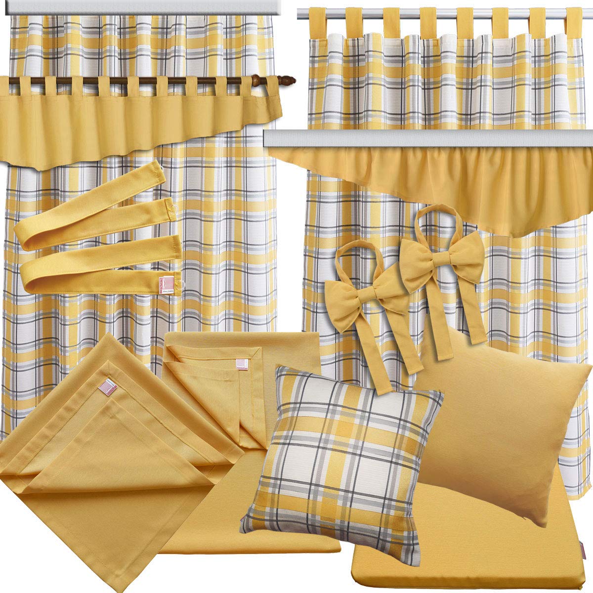 Landhaus-Vorhang Ösenschal Hetty gelb-weiß kariert | Dekoschal aus hochwertigem Webstoff 8 Ösen | Übergardine für Küche, Esszimmer, Gästewohnung, Kaminzimmer Höhe x Breite 125 x 130 cm