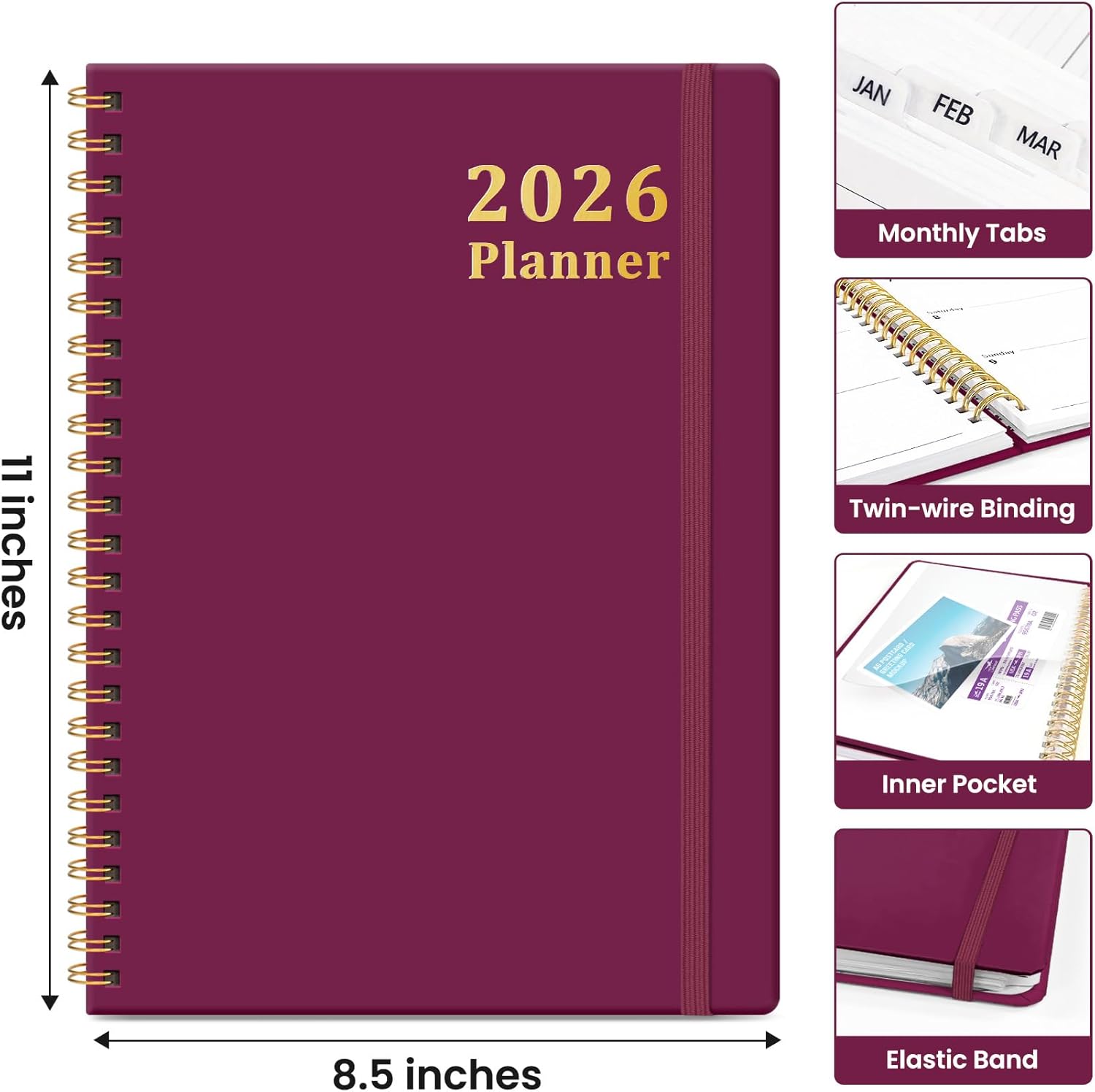 2026 Planner, Weekly and Monthly Calendar Planner, January 2026 - December 2026, Hardcover 2026 Calendar Book with Tabs For Women & Men, Inner Pocket, Spiral Bound, Perfect for Office Home School Supplies - A4 (8.5" x 11"), Crabberry Red - Image 4
