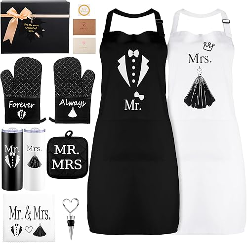 Panitay Juego de 10 piezas de regalos de boda para pareja, incluyendo delantales de Mr y Mrs - Soporte para toallero blanco, soporte para olla de 20