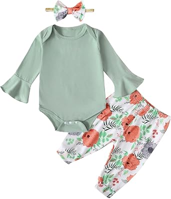 Newborn Girl Clothes Baby Solid Color Flare Sleeve Outfit