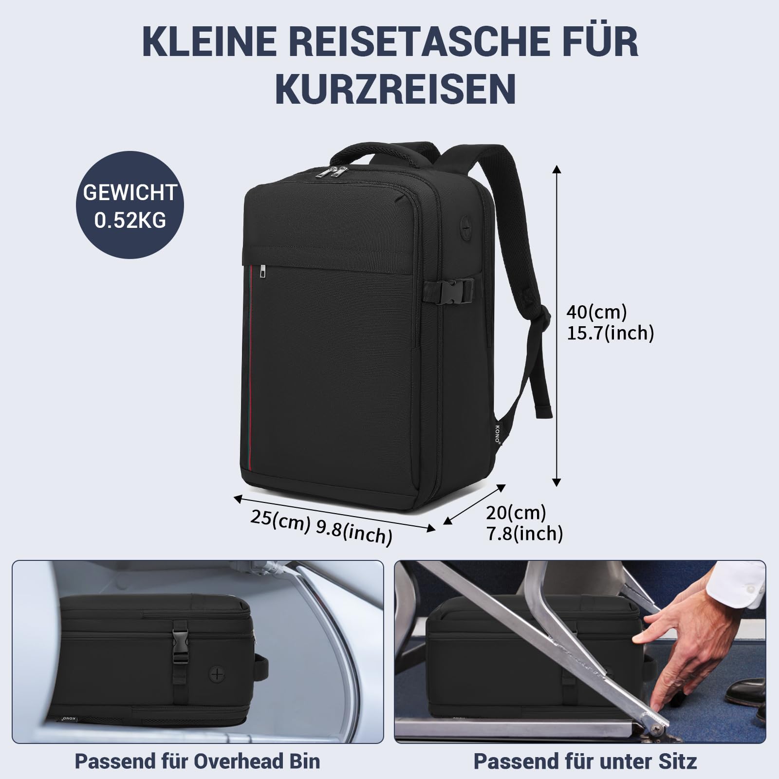 KONO Rucksack Ryanair Handgepäck 40x20x25 Handgepäck Flugzeug Reise 20L,15,6-Zoll Laptop Rucksack,Eurowings für Herren Damen,Schwarz - Image 2