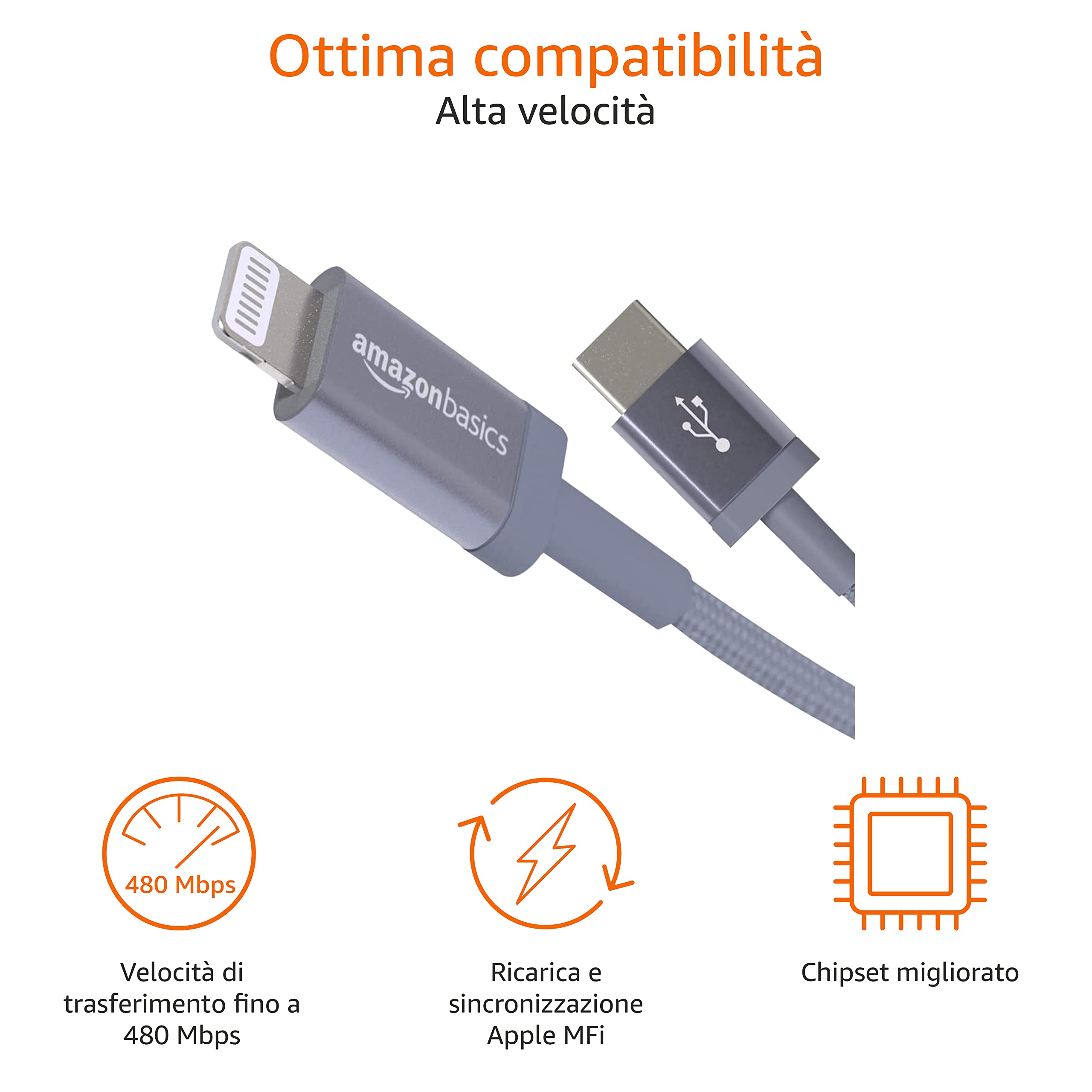 Amazon Basics Cavo di ricarica USB-C a Lightning MFi nylon intrecciato 1.8 m Grigio scuro per iPhone 13/12/11/X/XS/XR/8