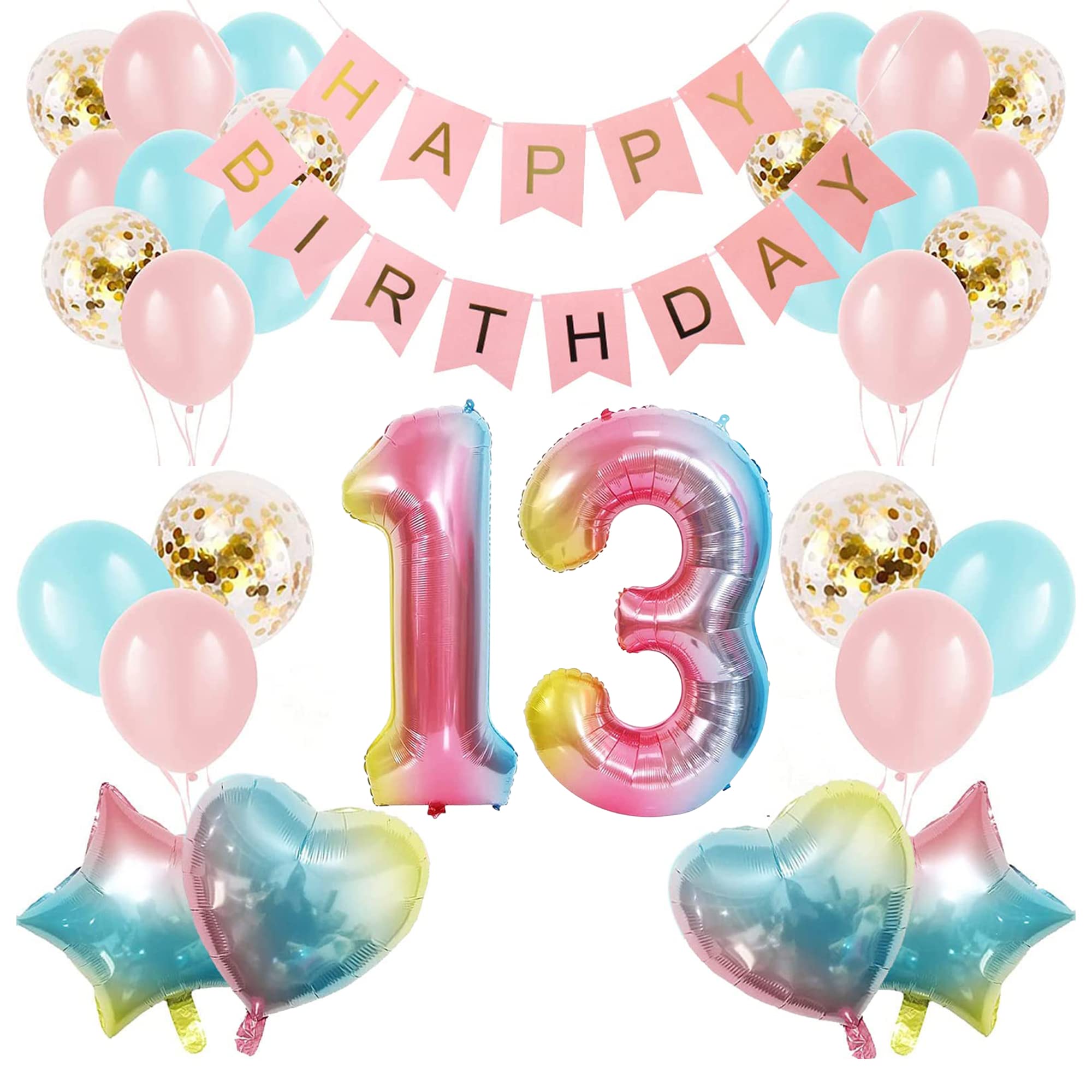 Girl 13th Birthday Decorations Gradient Color Age 13 Balloon Arch Kit with 40 inch Number 13 Foil Balloon Happy Birthday Banner & 28 Latex Balloons for Thirteenth Birthday Party