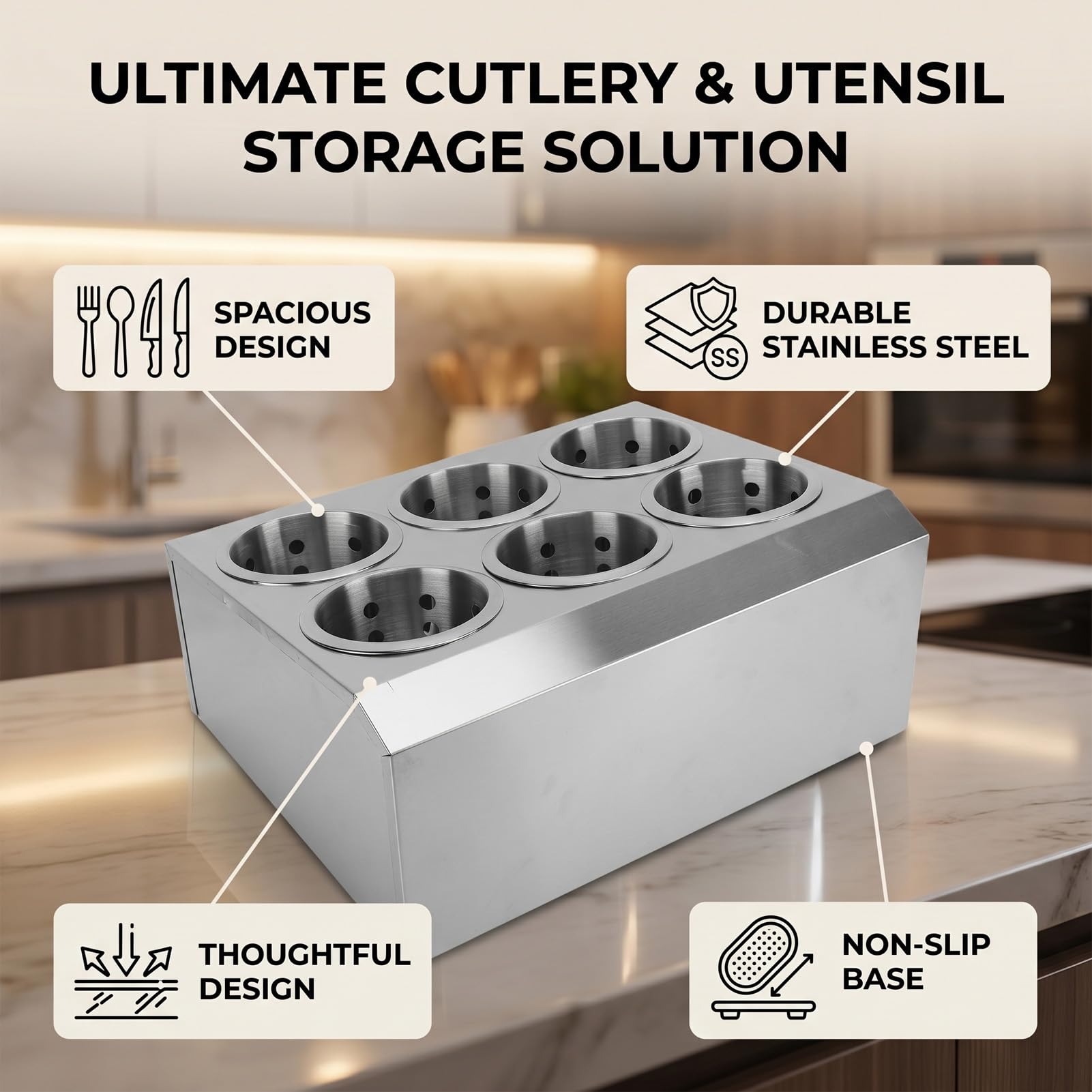 Zunate Utensilienhalter aus Edelstahl | Besteck-Organizer mit 6 Fächern und Perforiertem Design für Küchenarbeitsplatte und Buffet