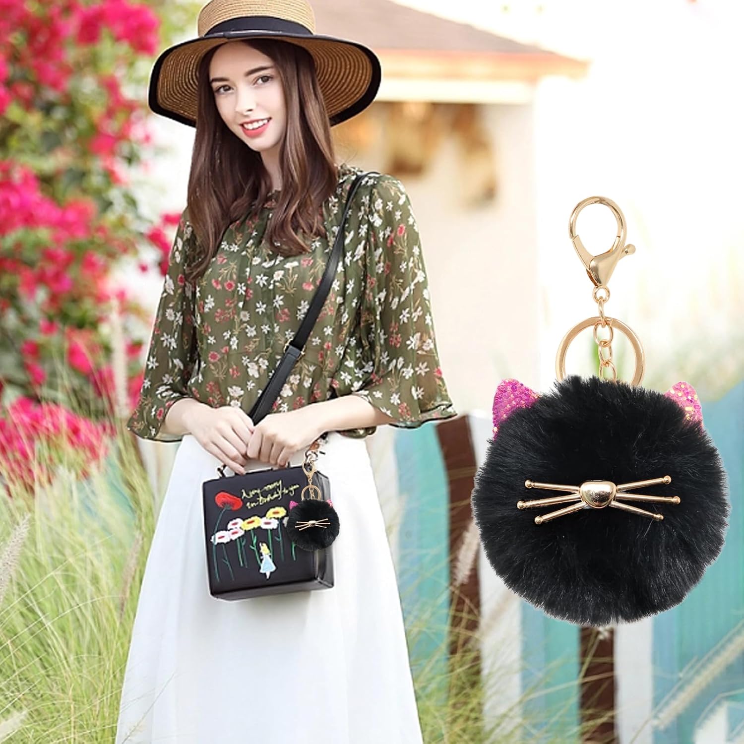 yueton 3PCS Cute Fluffy Animal Cat Keychain Faux Rabbit Fur Pom Pom Ball Keyring Artificial Fur Alloy Key Chain Hanging Ornament Decoration for Bag Handbag Backpack Purse Wallet Car Charm Key Rings
