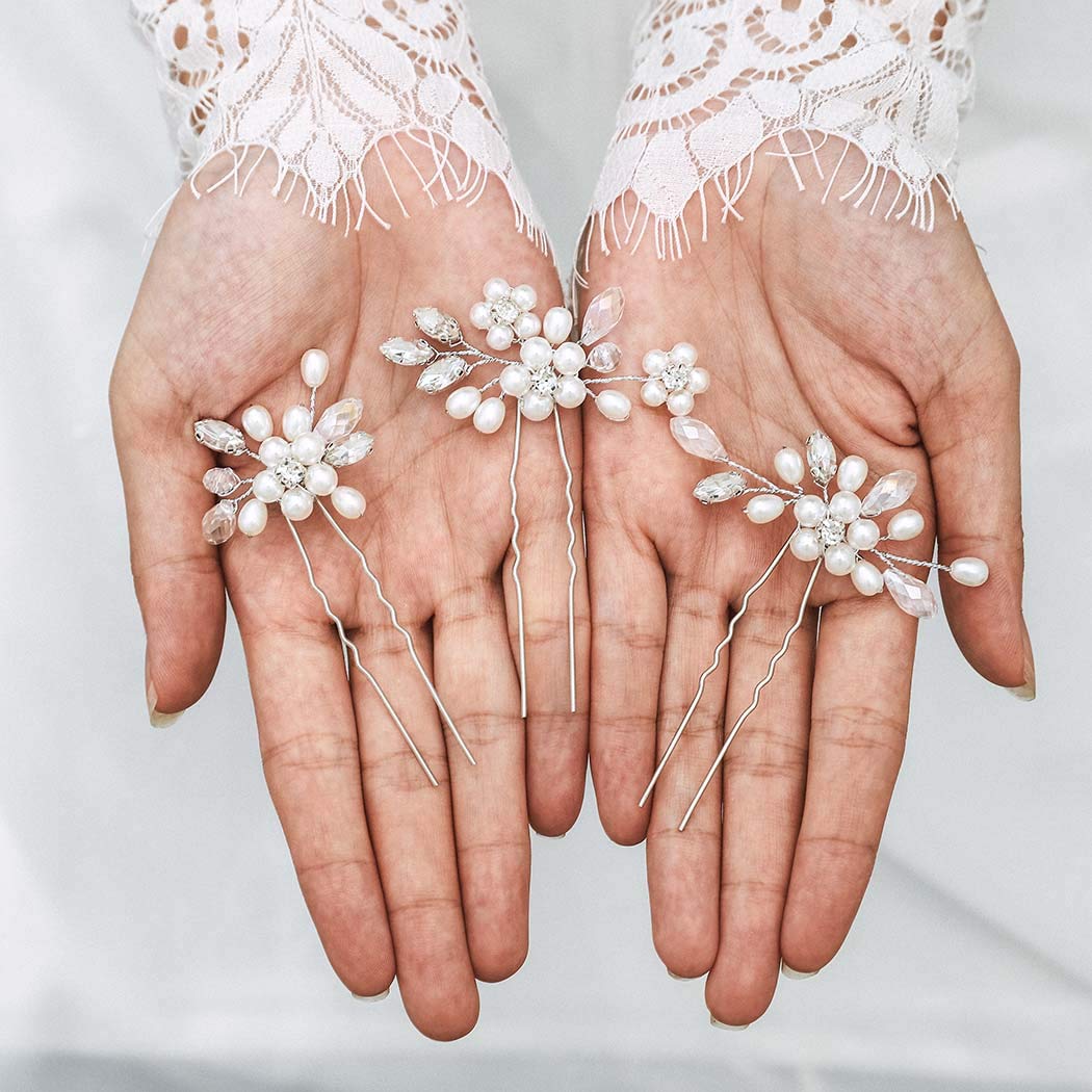 Unicra Silver Bride Wedding Hair Pins Pearl Bridal Hair Pieces Flower Hair Accessories Rhinestone Prom Hair Clips for Women and Girls (Pack of 3) - Image 5