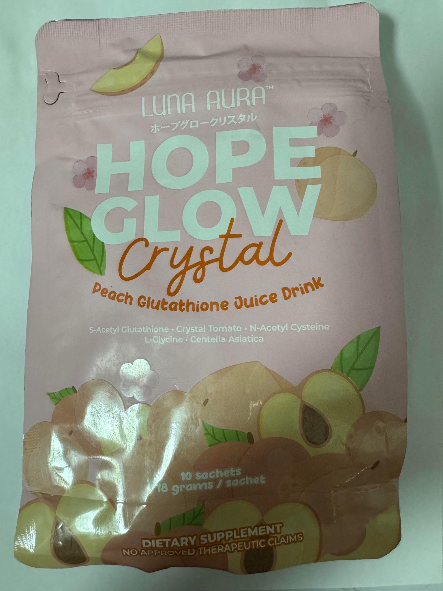 Luna Aura Hope Glow Crystal Peach Glutathione Juice Drink 10 sachets