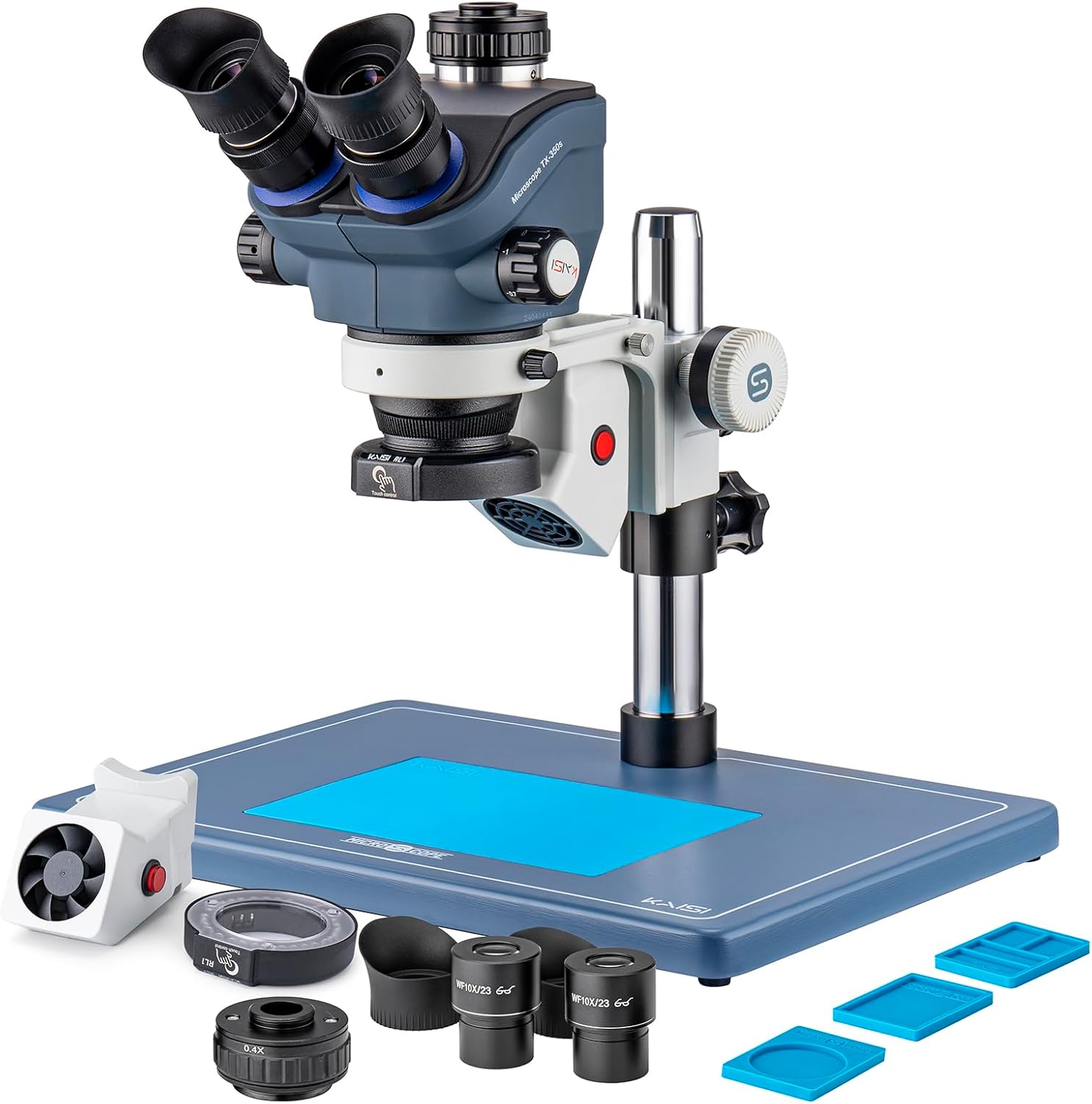 Kaisi Professional Stereo Microscope,Trinocular Microscope for Soldering,7X-50X Magnification and WF10x23 Wide Field Eyepieces,Lab trinocular Stereo Zoom Microscope for Electronics Repair