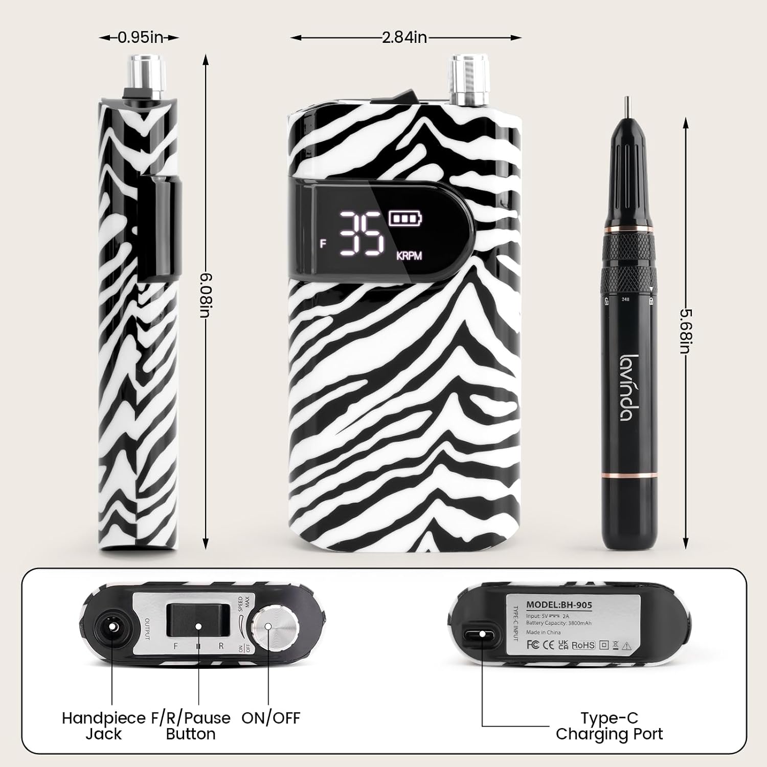 Lavinda 35000RPM Electric Nail Drill, Cordless Nail Drill Machine Portable Rechargeable Nail Efile for Acrylic Gel Nails, Manicure Pedicure Polishing Shaping Tool for Salon Home Use-Zebra Pattern
