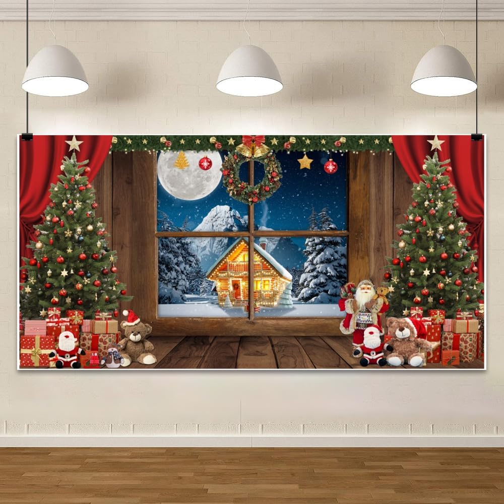 ChloropLastid 20x10ft Christmas Window Backdrop Winter Forest Mountain Snow Sceney ackground for Photography Xmas Tree Gifts Photo Backdrop Christmas Family Festival Party Decor Banner Photo Supplies