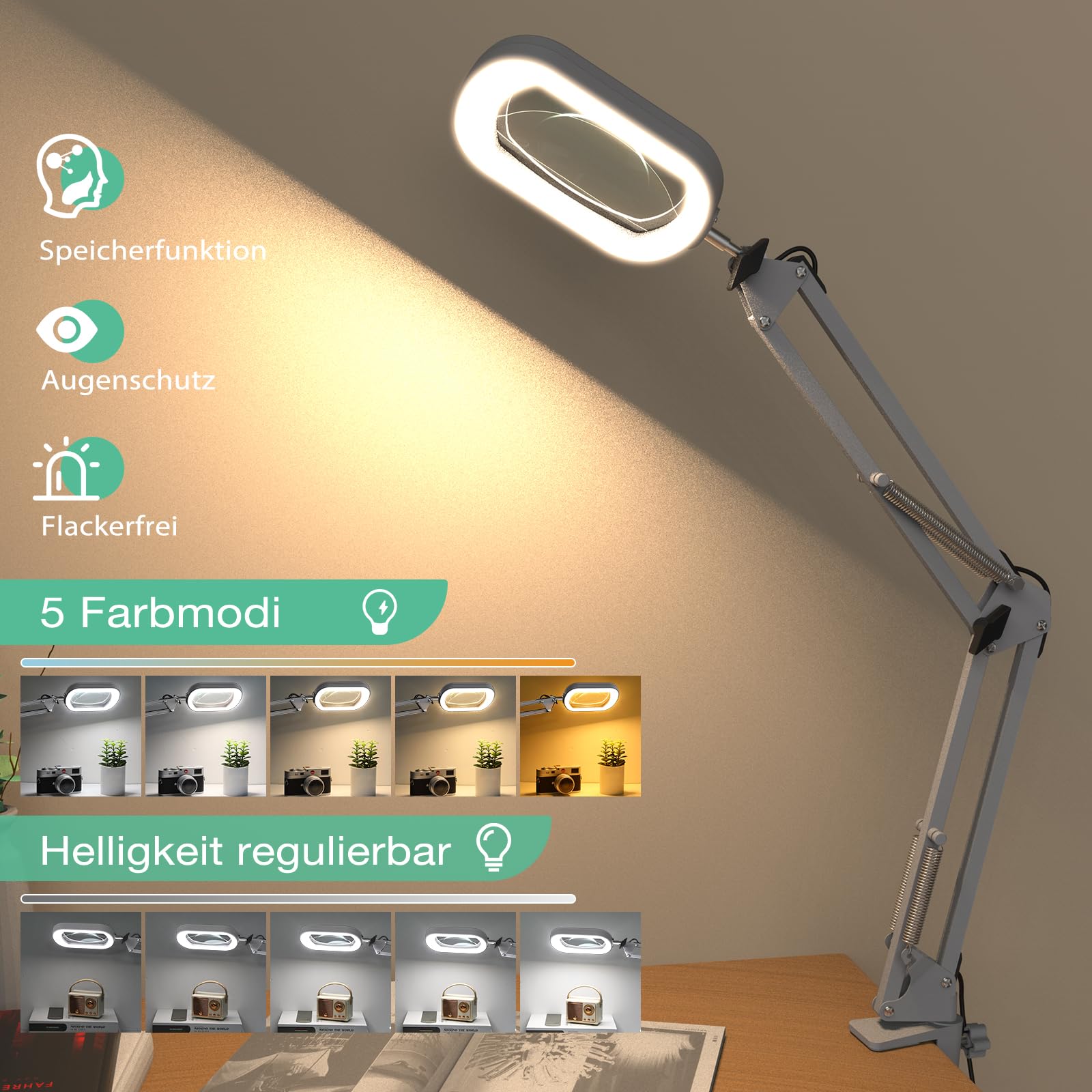 Lupa 10X con luz y abrazadera, cristal auténtico soporte de iluminación, 5 modos de color y regulable sin niveles, lámpara de escritorio LED manos libres para manualidades, aficiones, lectura, pintura