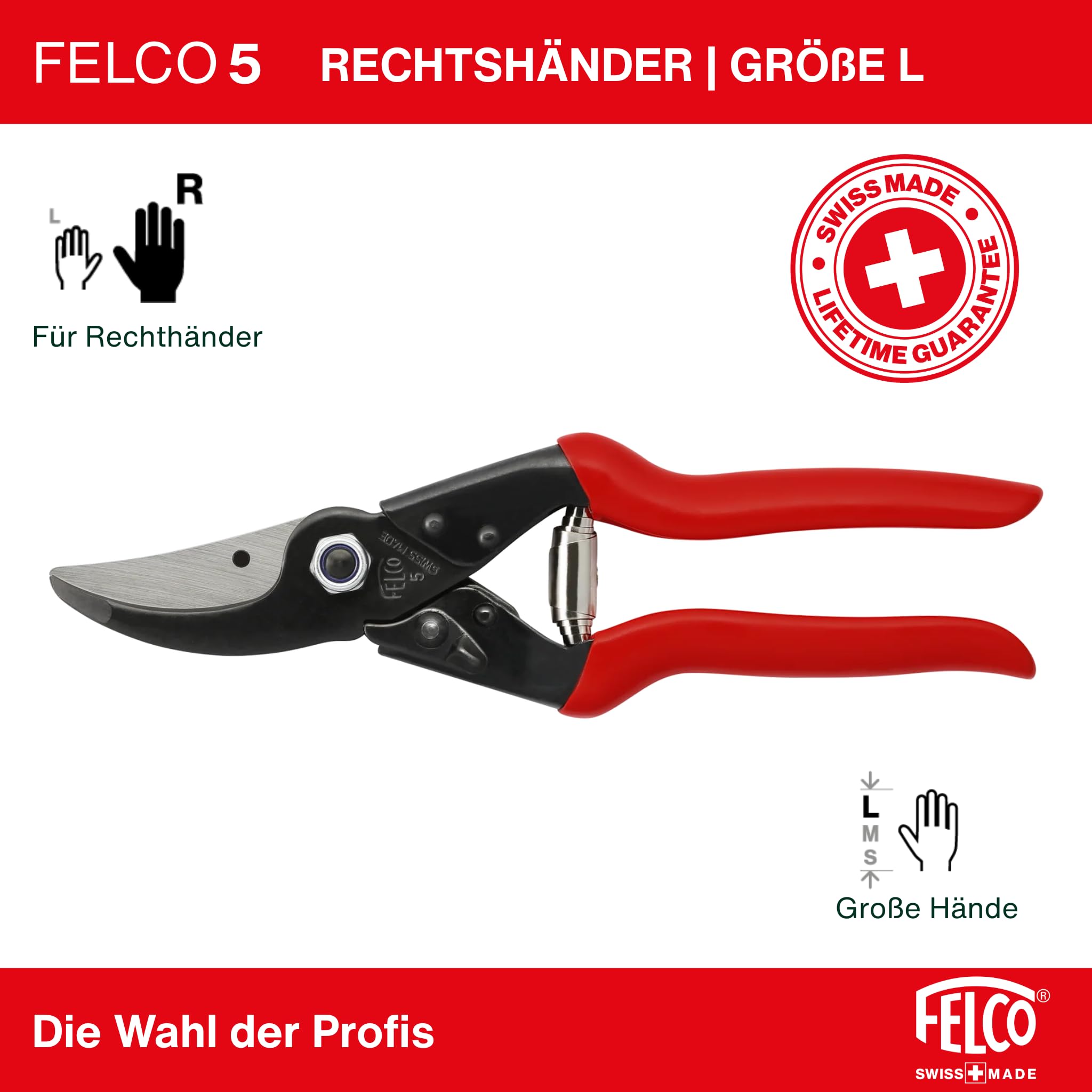 FELCO 5 robuste Gartenschere für große rechte Hände, 25 mm Schnittdurchmesser, 225 mm lang, schlanker Schneidkopf für schwer zugängliche Stellen, Stahlgriffe, sauber und kraftvoll schneiden