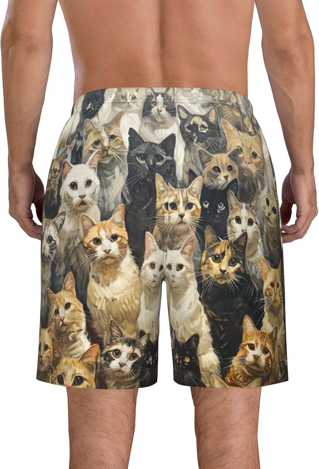 Cat Print Men's Quick-Drying Shorts Casual Beach Pants Stretch Waist Shorts and Pockets