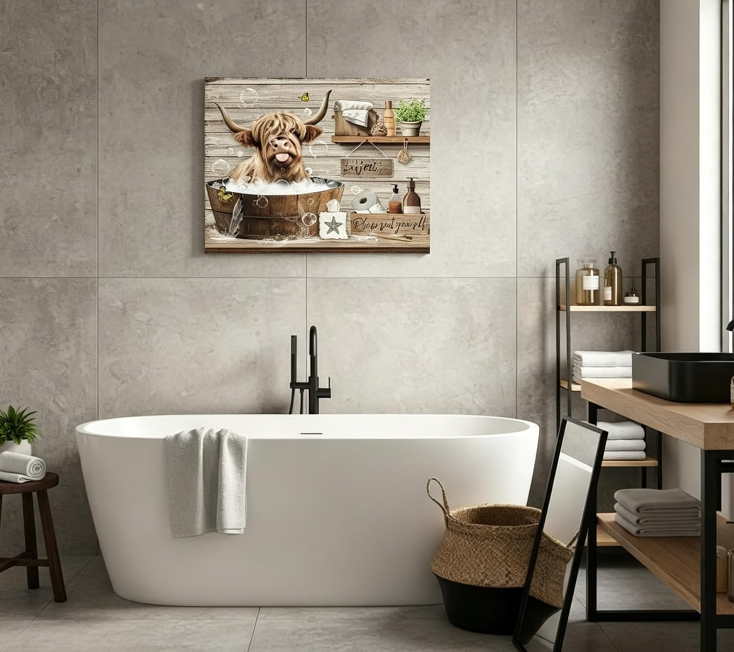 Kyiyhzp Bathroom Highland Cow Canvas Wall Art Rustic Farmhouse Cow Wall Decor Pictures Funny Animals Painting Artwork Bathing print in the tub for Bathroom Toilet Home Decoration 24x36in frame