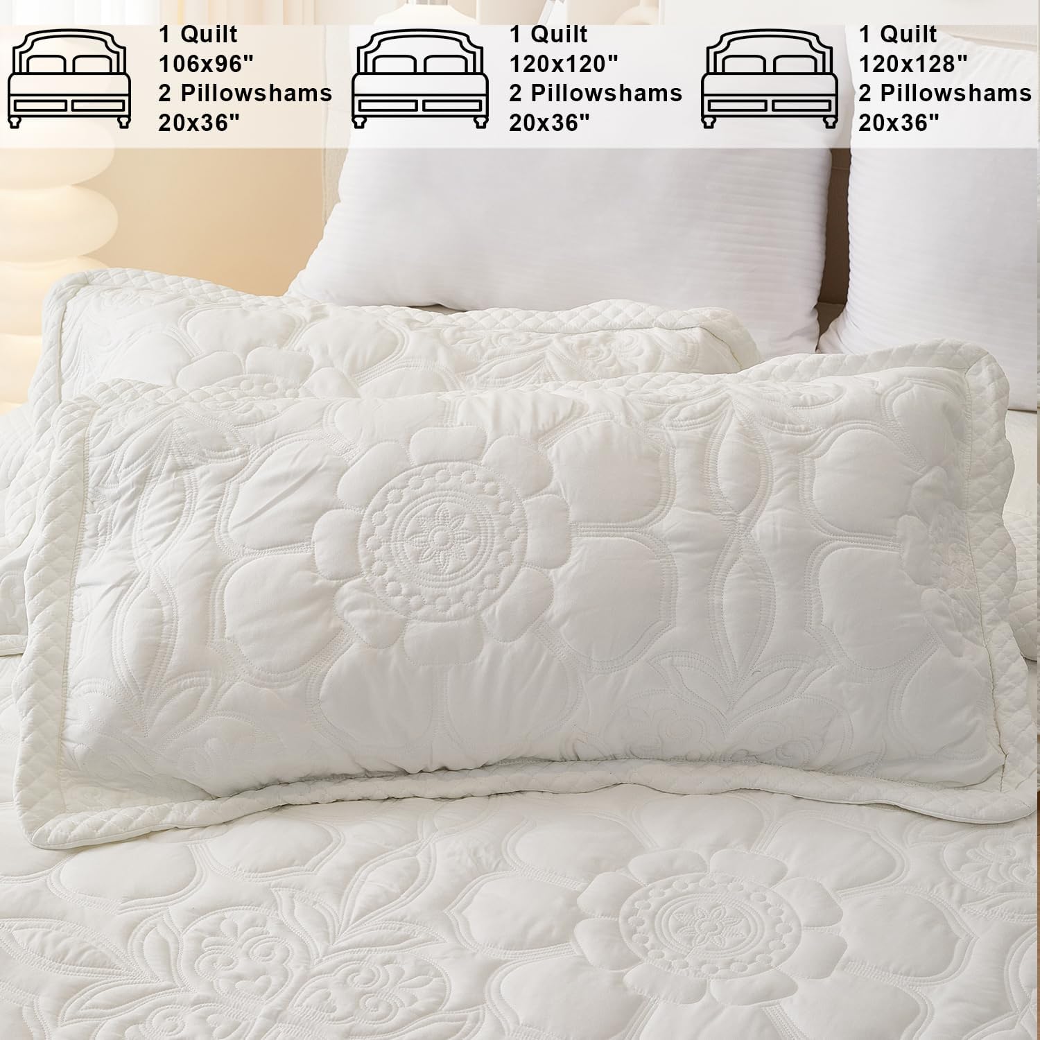 Cmfshape Oversized King Bedspread 120"x120" - California King Floral Pattern Stitching Quilt Set,Luxury Bedding Set,Reversible Ultra Soft Lightweight Bedspread Coverlet for All Season,3 Pieces,White
