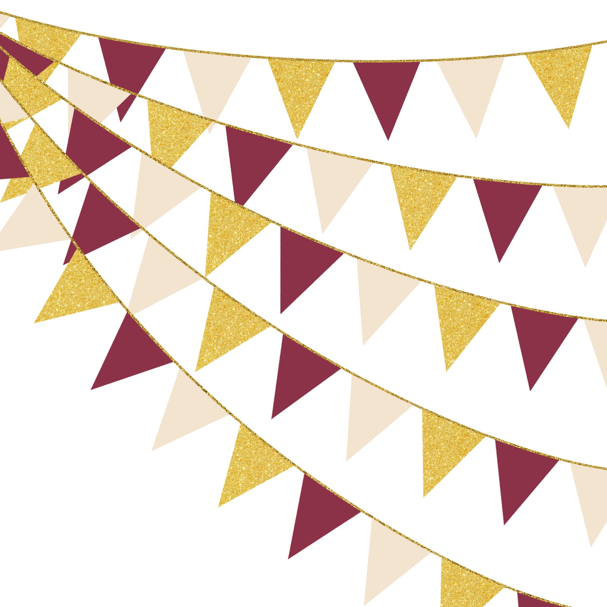 30Ft Burgundy Beige Gold Bunting Banner Party Decorations Maroon Gold Hanging Glitter Paper Triangle Flag Pennant for Graduation Birthday Wedding Bridal Baby Shower Engagement Anniversary Party