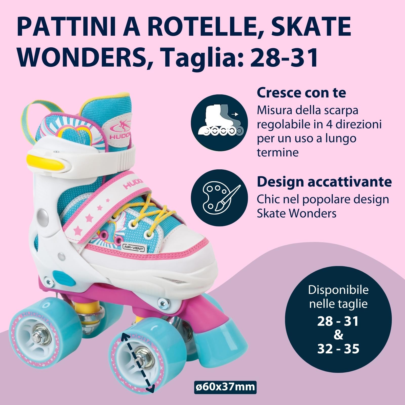 HUDORA Pattini a rotelle Wonders regolabili su 4 misure per bambini fino a 60kg in nylon