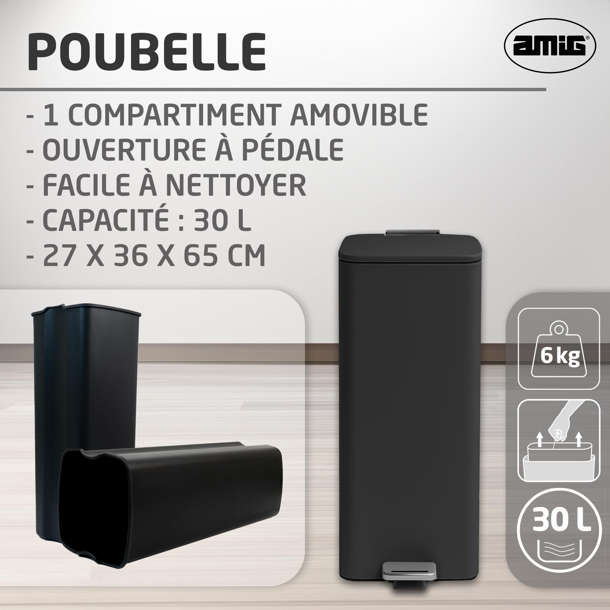 Amig - Poubelle à pédale 30 litres Mod. Artvin - Couleur noire - Ouverture hygiénique sans contact - 27 x 36 x 65 cm - Acier inoxydable laqué - Poubelle de cuisine avec couvercle hermétique