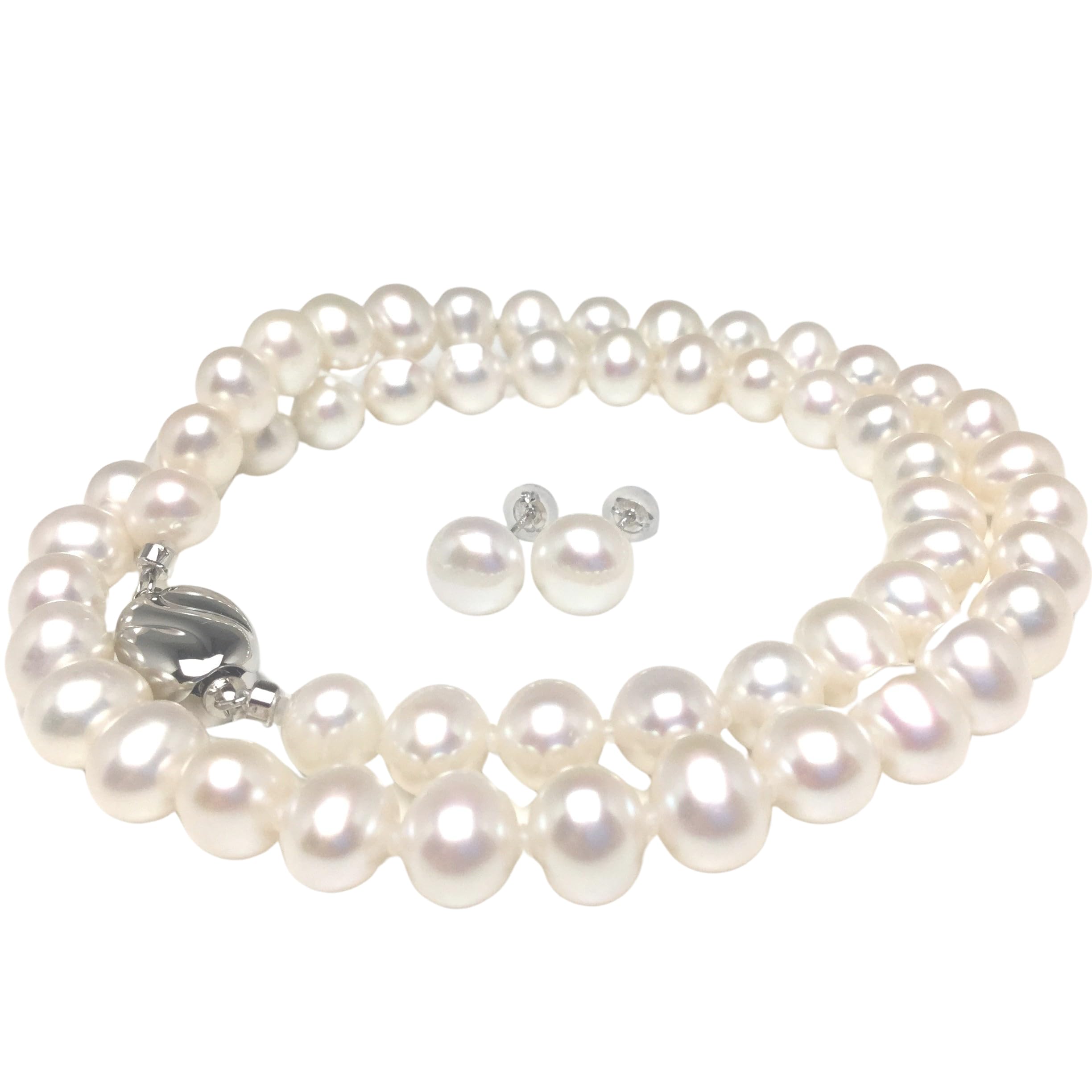 [Isowa Pearl] 伊勢志摩の真珠専門店 イソワパール 淡水真珠 ネックレスとピアスセット 7.0-8.0mm ホワイト シルバー クラスップ 73203