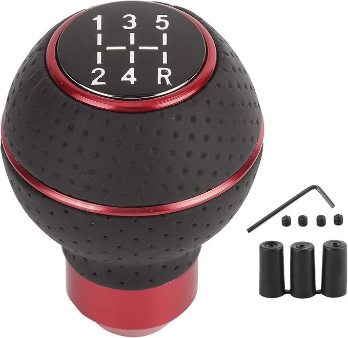Perilla de cambio de marchas de 5 velocidades, perillas de cambio manual de coche universal cuero artificial + aleación de aluminio(rojo)