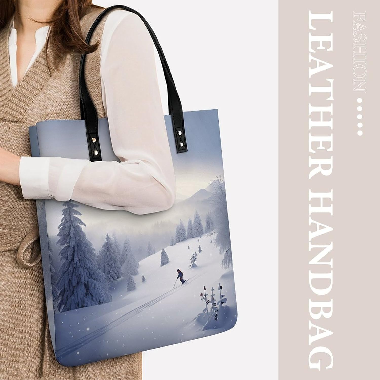 Winter Skiing Tote Bag with Magnetic Buckle Reusable Grocery Bags Lightweight Cross Body Handbag for Daily Essentials