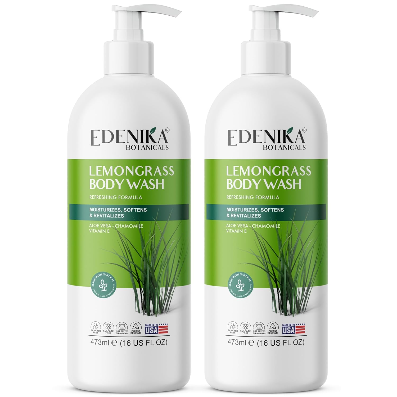 Lemongrass Body Wash with Vitamin E, Cleanses, Refreshes & Invigorates, Shower Gel for Dry and Sensitive Skin, Women & Men, Organic & Natural, 16 fl oz, 2-Pack