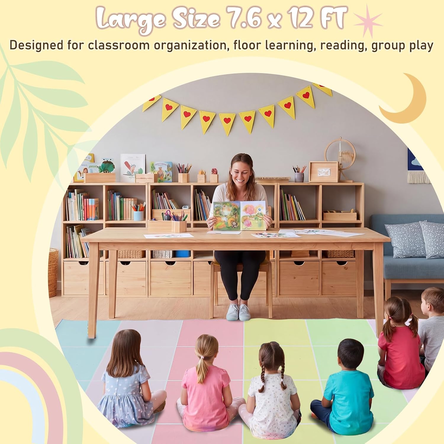 Drydiet Classroom Rug 7.6 x 12 ft Large Elementary Classroom Carpet with 24 Grids, Non Slip Rug for Kids Room, Daycare Carpet for Educational Learning Areas