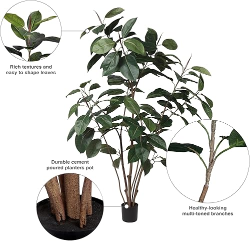 Miniatura 10 de Vickerman Árbol de goma en maceta para uso diario, planta artificial de 5 pies para interior con 132 hojas, planta falsa verde realista para